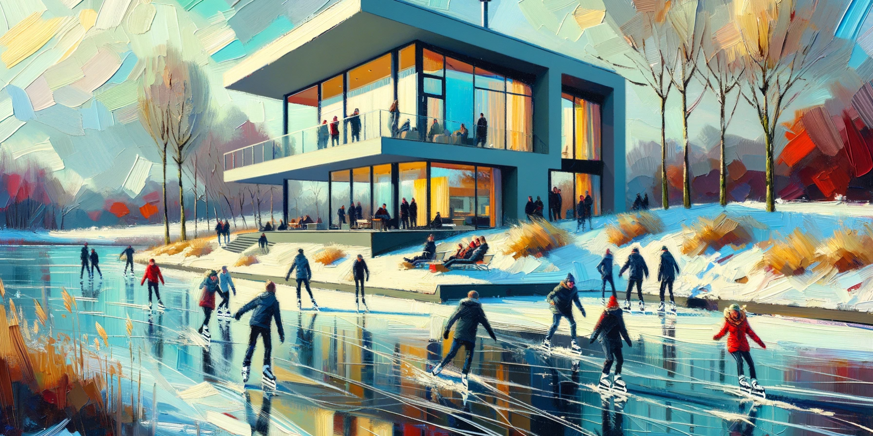DALL·E 2024-01-08 09.59.07 - An impressionistic image of a modern Swedish architectural house in the Netherlands by a frozen lake, with people ice skating. The scene is painted in